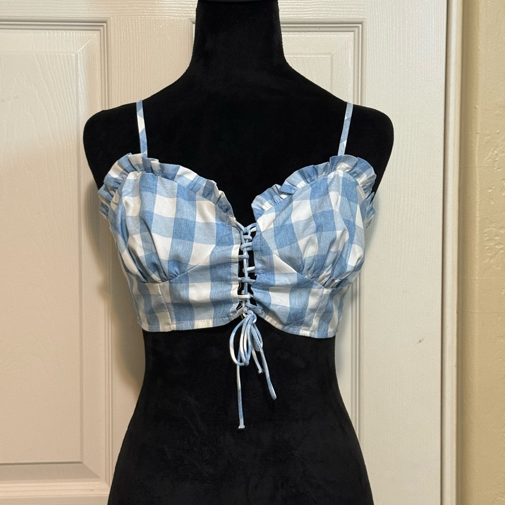 Blue and White Checkered Lace-Up Corset Top